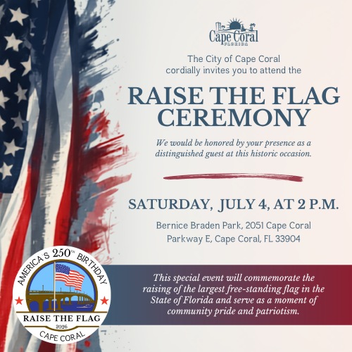 Flyer for Raise the Flag Ceremony on July 4th at 2pm at Bernice Braden Park.